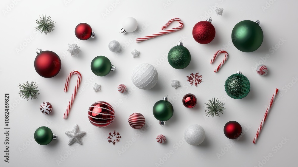Red and green holiday decorations scattered on a white background, featuring ornaments, candy canes, and festive details Red and green holiday decorations scattered on a white background, featuring ornaments, candy canes, and festive details