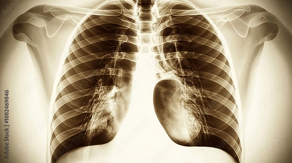 Medical chest X-ray image showing detailed anatomy of lungs and heart, essential diagnostic tool for detecting respiratory and cardiovascular conditions. Medical chest X-ray image showing detailed anatomy of lungs and heart, essential diagnostic tool for detecting respiratory and cardiovascular conditions.