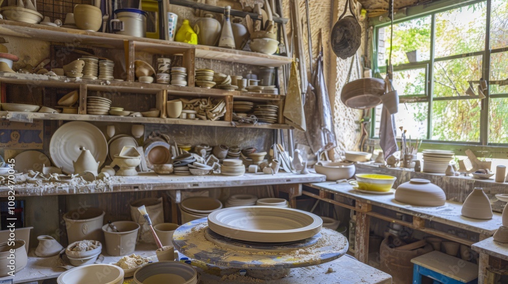 A vibrant ceramics studio with pottery wheels and clay sculptures, showcasing a lively studio with pottery wheels, sculpting tools A vibrant ceramics studio with pottery wheels and clay sculptures, showcasing a lively studio with pottery wheels, sculpting tools