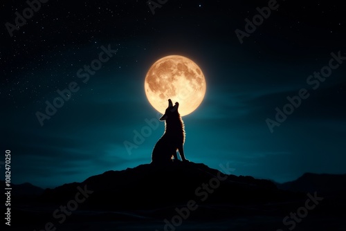 A silhouette of a wolf howling at a full moon, capturing the essence of wilderness and nighttime beauty in a tranquil landscape. photo