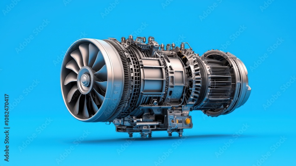 Close-up of a turbocharger system. High-Resolution Image of a Modern Jet Engine on a Bright Blue Background Showcasing Detailed Industrial Design and Engineering Technology for Aviation Enthusiasts Close-up of a turbocharger system. High-Resolution Image of a Modern Jet Engine on a Bright Blue Background Showcasing Detailed Industrial Design and Engineering Technology for Aviation Enthusiasts