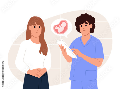 Obstetrician doctor consulting female patient expecting a baby about pregnancy during check up. Vector illustration in flat style