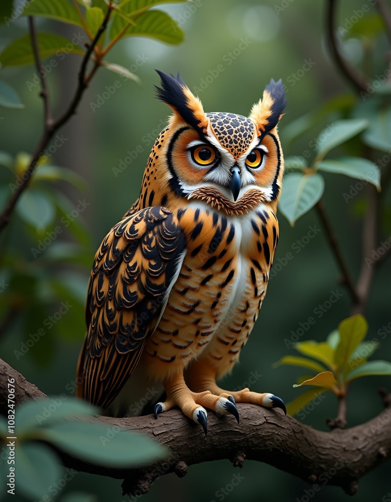 Obraz premium leaves and a very neat looking owl, realistic, detailed