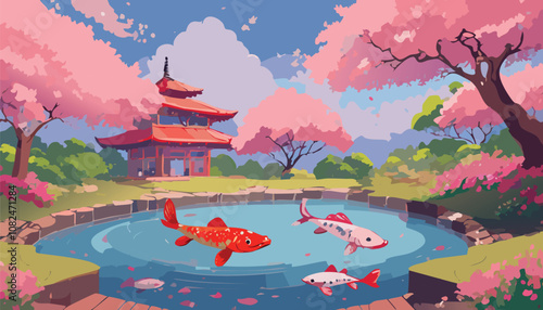 A peaceful scene with a large koi fish swimming in a circular pond surrounded by lush greenery and blooming cherry trees.