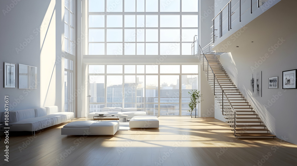 Fototapeta premium Modern Duplex Apartment with Spiral Staircase and City Views, Contemporary Copenhagen Split-Level Home