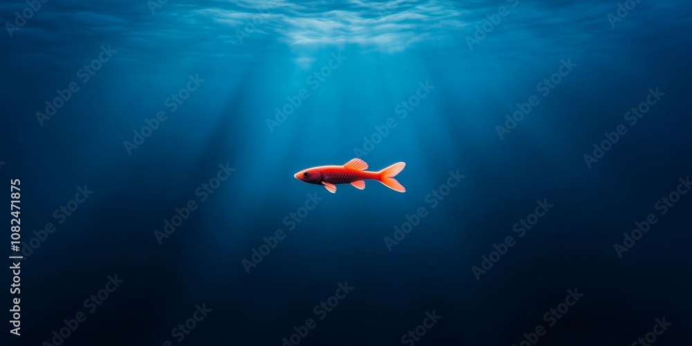 Fototapeta premium A serene underwater scene featuring a solitary koi fish swimming gracefully in a tranquil blue environment.