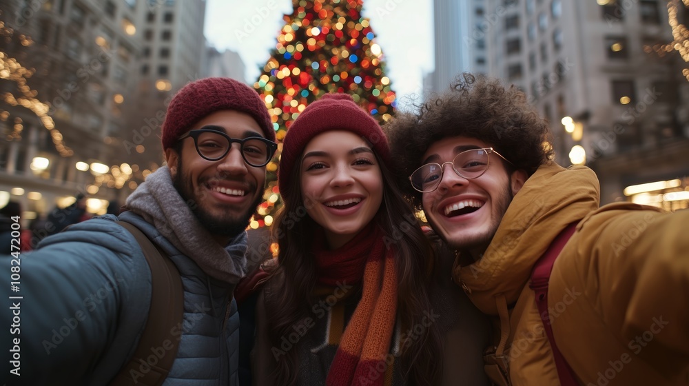 Three friends smile for a selfie in front of a Christmas tree in the city Three friends smile for a selfie in front of a Christmas tree in the city