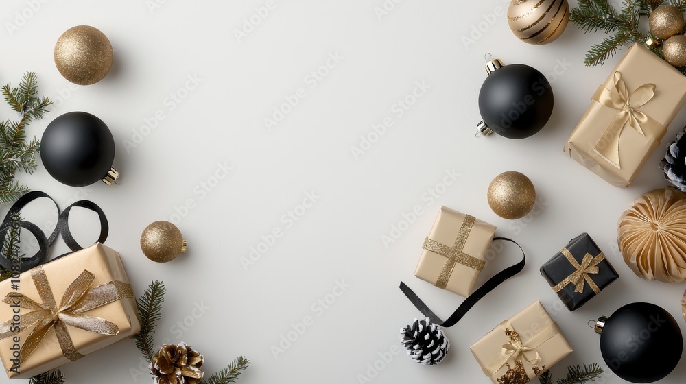 A flat lay of Christmas decorations including baubles, ribbon, and tiny gift boxes on a pristine white background, festive and stylish A flat lay of Christmas decorations including baubles, ribbon, and tiny gift boxes on a pristine white background, festive and stylish