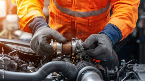 Wallpaper Mural Close-up of a turbocharger system. Mechanic in Orange Work Jacket Repairing Engine Component in Automotive Workshop with Professional Tools and Equipment During Daylight Torontodigital.ca