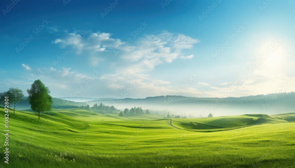 Misty Morning Landscape with Green Field and Trees Misty Morning Landscape with Green Field and Trees