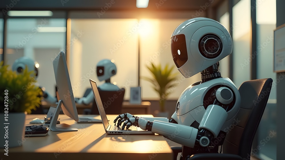 An advanced robot is sitting comfortably at a desk in front of a sleek laptop computer, engaged in various activities or tasks An advanced robot is sitting comfortably at a desk in front of a sleek laptop computer, engaged in various activities or tasks