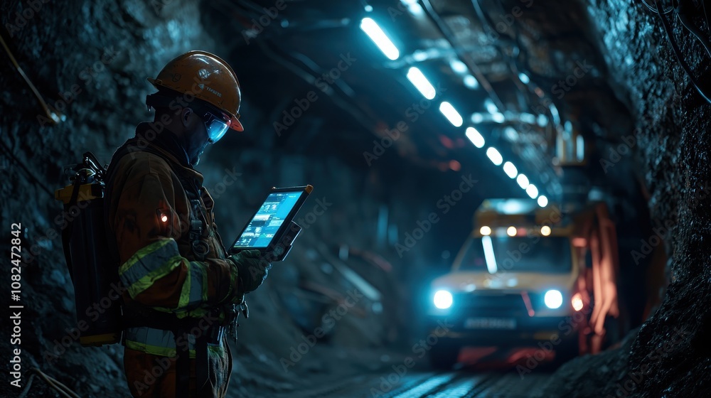 Obraz premium A miner in full gear stands at the entrance of a dark, narrow tunnel, illuminated by blue LED lights, symbolizing the challenging and dangerous nature of mining work.