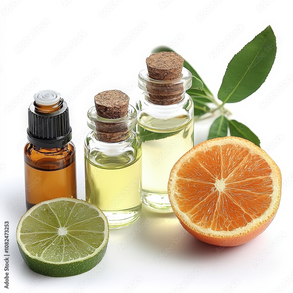 Citrus essential oils with fresh orange and lime for aromatherapy Citrus essential oils with fresh orange and lime for aromatherapy