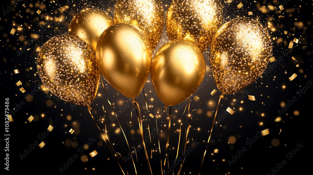 Luxurious Golden Balloons Party Decoration with Sparkling Confetti and Bokeh Lights Luxurious Golden Balloons Party Decoration with Sparkling Confetti and Bokeh Lights