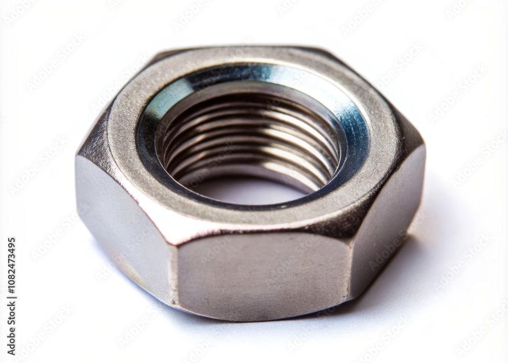 Close-up Photography of a Clean Stainless Steel Nut Isolated on White Background, Showcasing Metal Texture and Quality Design Elements for Hardware Enthusiasts and Projects Close-up Photography of a Clean Stainless Steel Nut Isolated on White Background, Showcasing Metal Texture and Quality Design Elements for Hardware Enthusiasts and Projects
