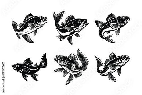 cod fish design, labeled linocut vector silhouette illustration.