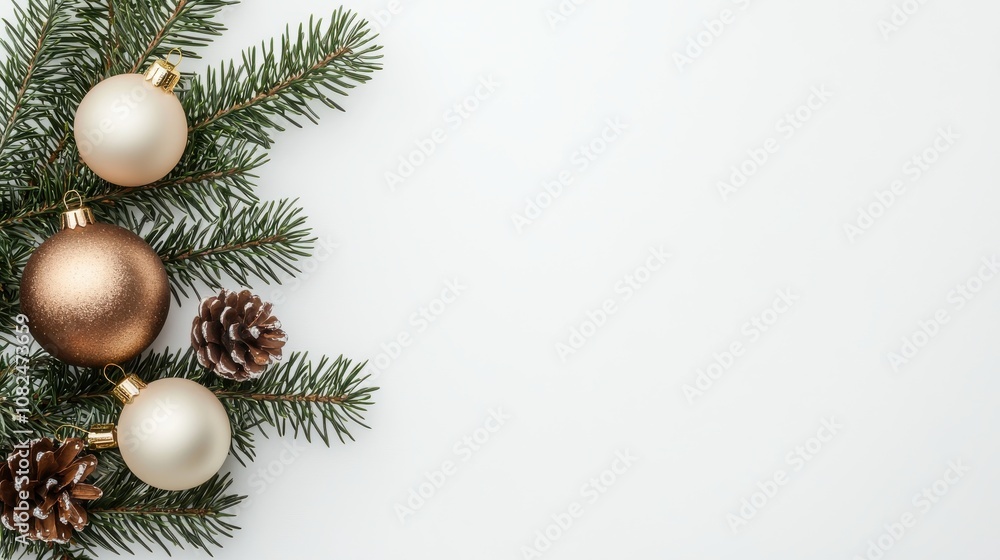 Elegant Christmas ornaments and pine branches laid out on a clean white background, creating a festive, minimal holiday atmosphere. Elegant Christmas ornaments and pine branches laid out on a clean white background, creating a festive, minimal holiday atmosphere.