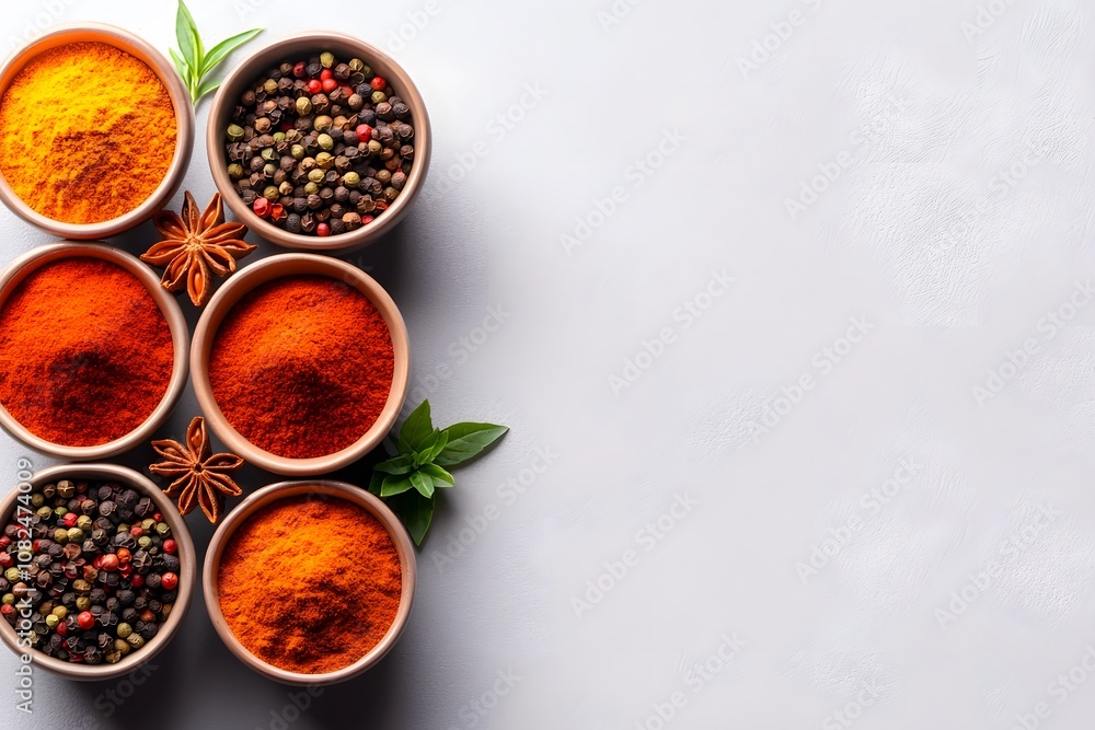An Assortment of Traditional Thai Spices in Small Bowls Arranged Artistically on a Light Background, Perfect for Cooking and Culinary Projects An Assortment of Traditional Thai Spices in Small Bowls Arranged Artistically on a Light Background, Perfect for Cooking and Culinary Projects