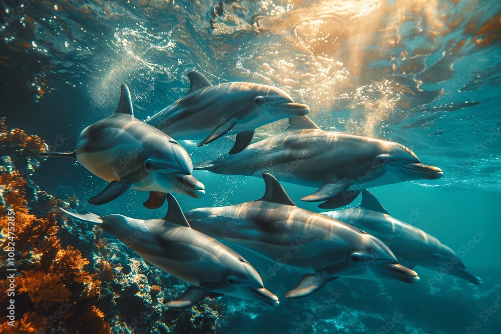 Fototapeta premium Sunlit ocean scene with playful dolphins swimming