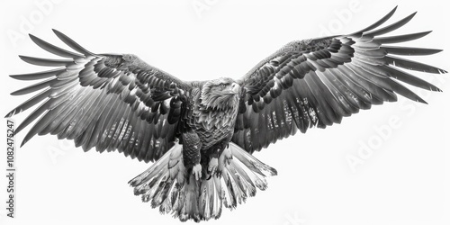 Drawing of an eagle soaring in the sky, isolated on a white background