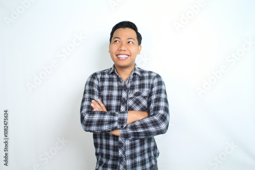 smiling asian man crossed arm show cheerful expression isolated on white background