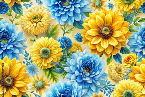 Seamless Watercolor Pattern Featuring Vibrant Blue and Yellow Flowers Ideal for Textile Design, Fashion, Home Decor, and Paper Products