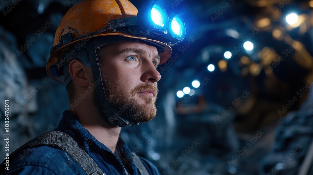 A miner in a helmet with a headlamp stands at the tunnels entrance, blue lights highlighting the surrounding darkness, creating a dramatic atmosphere. A miner in a helmet with a headlamp stands at the tunnels entrance, blue lights highlighting the surrounding darkness, creating a dramatic atmosphere.