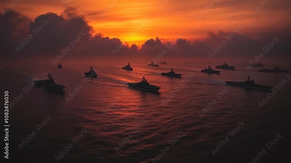 A fleet of warships sail across the ocean at sunset, their silhouettes stark against the fiery sky. The dramatic scene evokes feelings of power and mystery. A fleet of warships sail across the ocean at sunset, their silhouettes stark against the fiery sky. The dramatic scene evokes feelings of power and mystery.