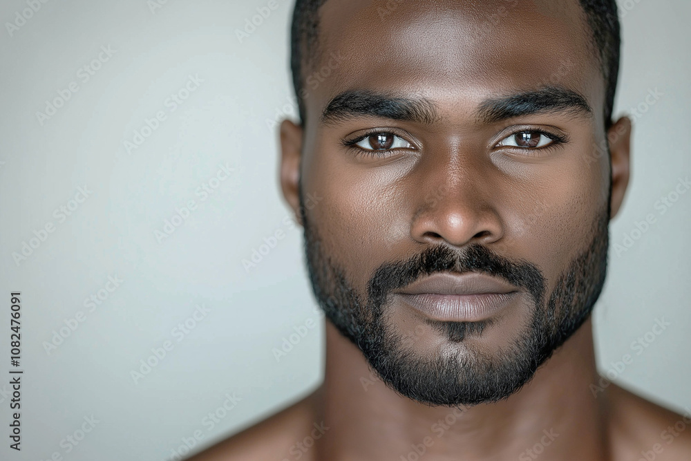 A 25-year-old handsome African-American male model on the right. close-up. Kind facial expression on a light background. Advertising banner A 25-year-old handsome African-American male model on the right. close-up. Kind facial expression on a light background. Advertising banner