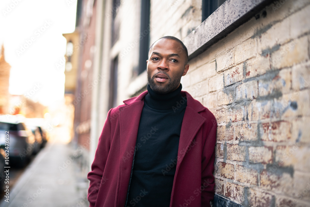 Obraz premium Fashion portrait of black man in city in modern spring or fall season outfit.