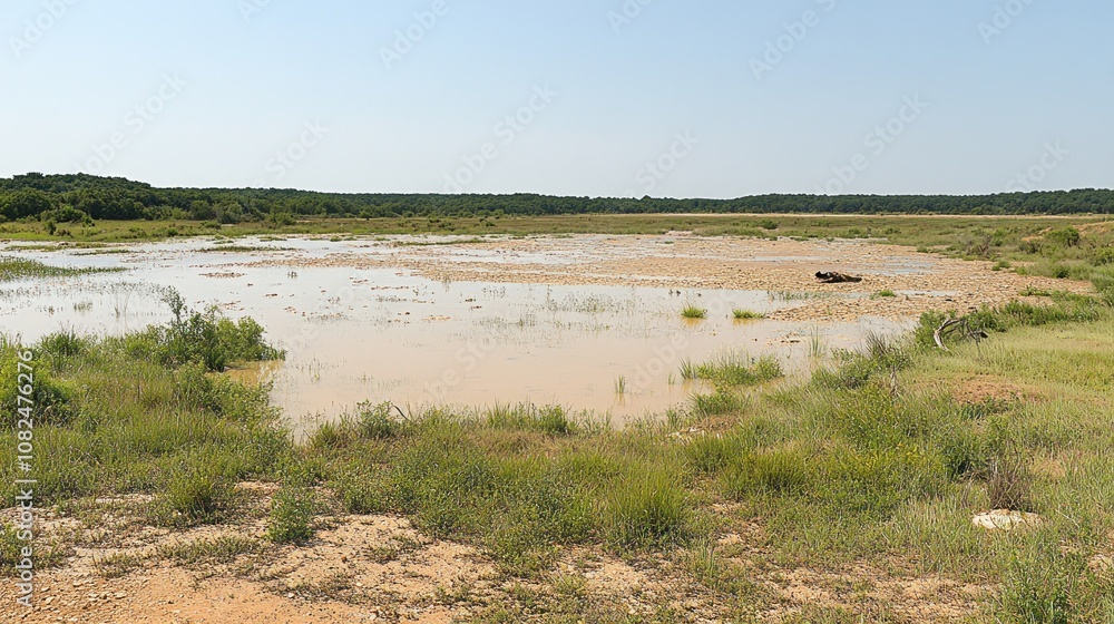 A serene landscape featuring a shallow body of water surrounded by greenery and dry terrain. A serene landscape featuring a shallow body of water surrounded by greenery and dry terrain.