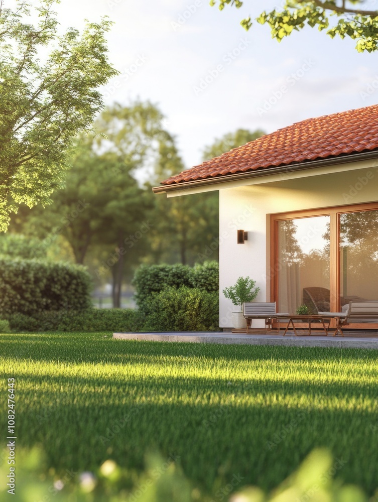 Modern Home Exterior with Patio and Daytime Sunlight Modern Home Exterior with Patio and Daytime Sunlight