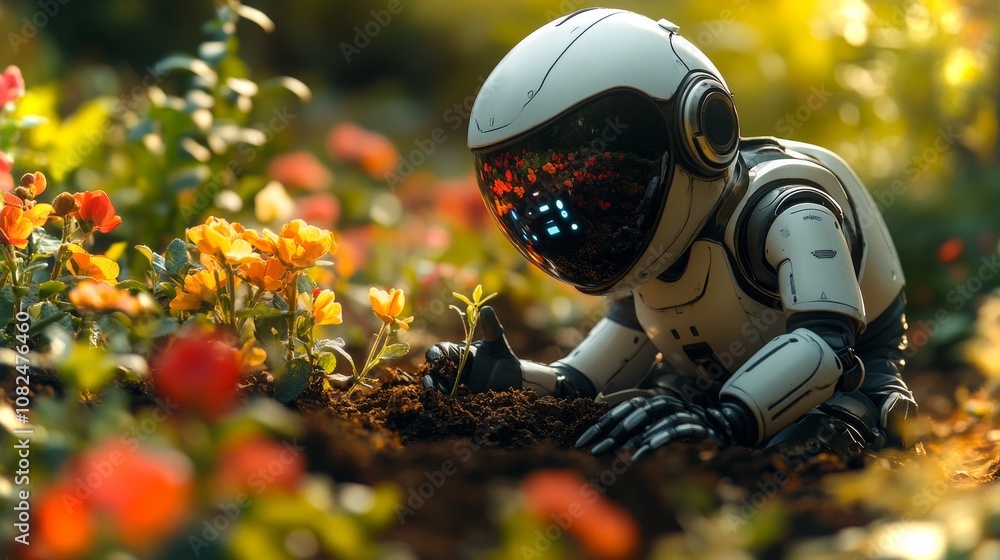 An android tending to a vibrant garden in sunlight, engaging in careful planting activities An android tending to a vibrant garden in sunlight, engaging in careful planting activities