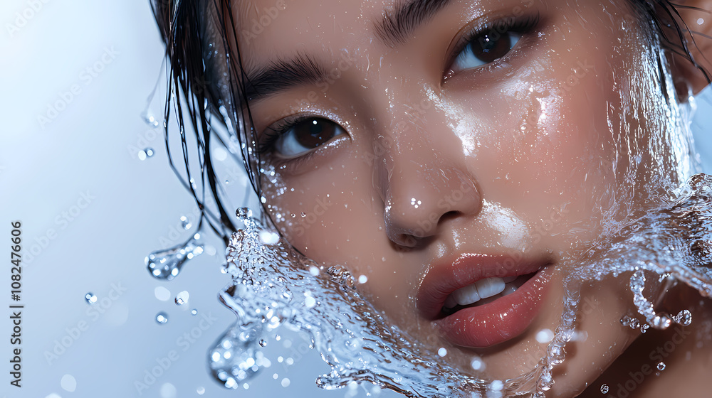 A close-up of an asian model with water splashing around her face, droplets suspended in mid-air, her skin radiant and fresh, soft lighting, clean background,. Radiant. Illustration A close-up of an asian model with water splashing around her face, droplets suspended in mid-air, her skin radiant and fresh, soft lighting, clean background,. Radiant. Illustration