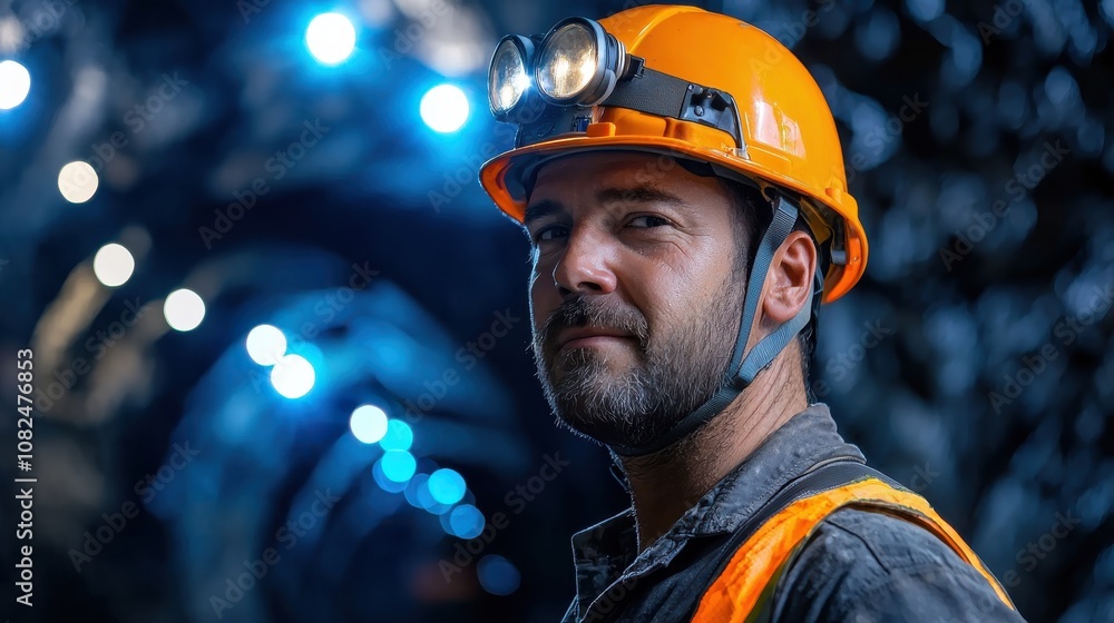 A miner wearing a helmet stands solemnly at the entrance of a dark mine tunnel, with blue lights providing a sharp contrast to the surrounding darkness A miner wearing a helmet stands solemnly at the entrance of a dark mine tunnel, with blue lights providing a sharp contrast to the surrounding darkness