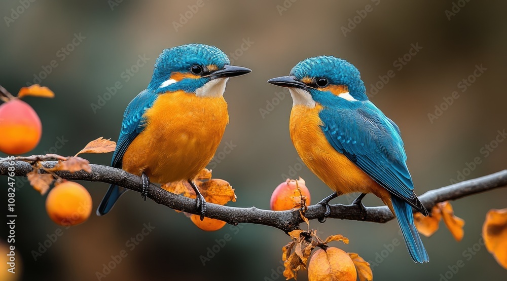 Two blue and orange kingfishers perched on a branch with autumn leaves. Two blue and orange kingfishers perched on a branch with autumn leaves.