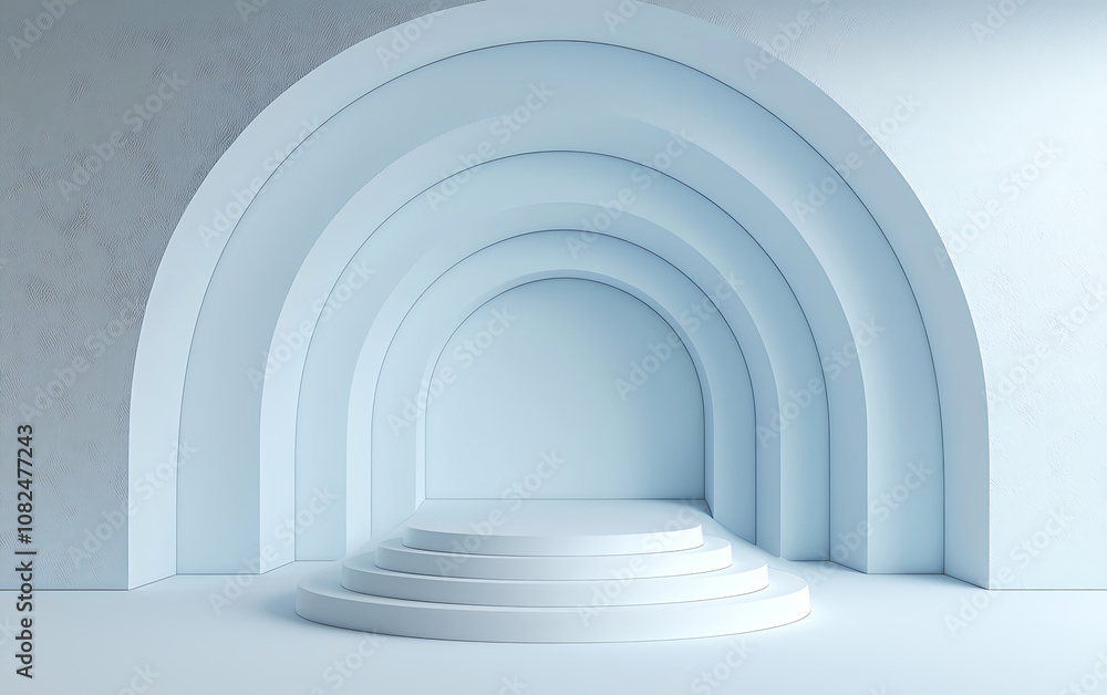 Minimal 3D render with abstract shapes in pastel blue tones, featuring layered arches and podium. This serene composition evokes sense of calm and modernity Minimal 3D render with abstract shapes in pastel blue tones, featuring layered arches and podium. This serene composition evokes sense of calm and modernity