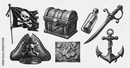 pirate elements set, retro photocopy stipple effect style, halftone design, pirate hat, treasure chest, cutlass sword, anchor, flag with a skull, bottle