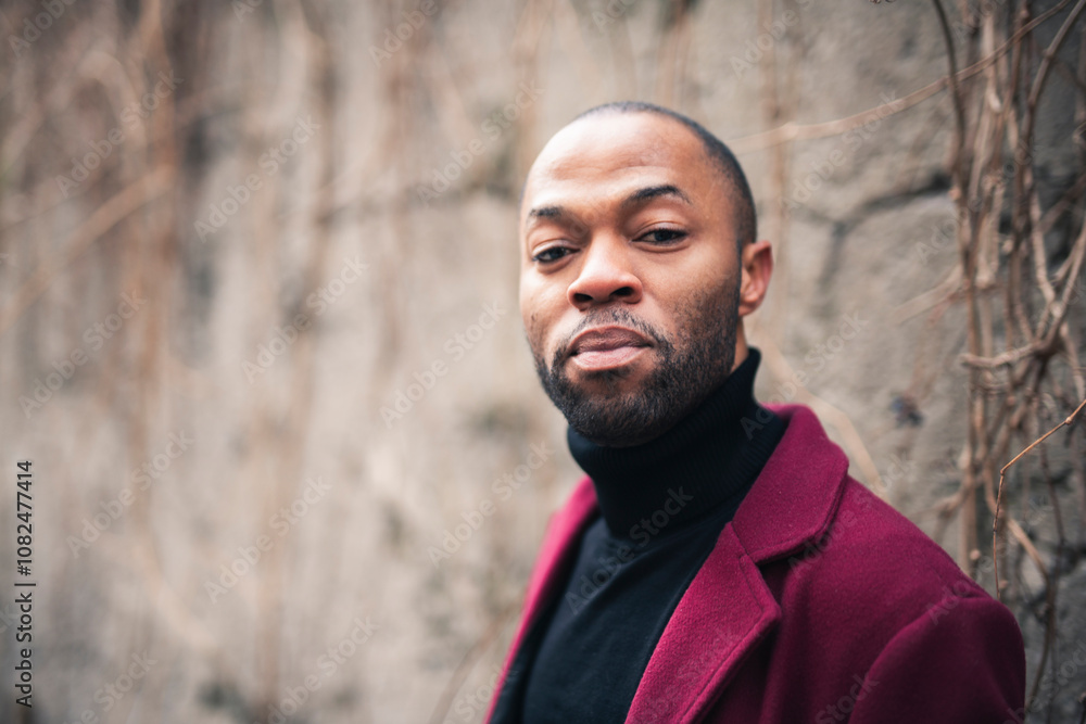 Fashion portrait of black man in city in modern spring or fall season outfit. Fashion portrait of black man in city in modern spring or fall season outfit.