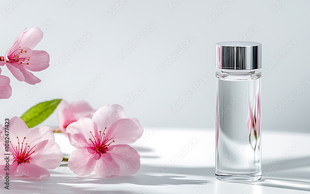 Clear serum bottle stands elegantly beside soft pink flowers, creating serene and refreshing atmosphere. gentle light enhances beauty of scene Clear serum bottle stands elegantly beside soft pink flowers, creating serene and refreshing atmosphere. gentle light enhances beauty of scene