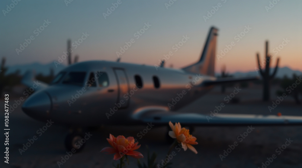 Grainy image of an old plane in the desert, flowers in the foreground, blurred image Grainy image of an old plane in the desert, flowers in the foreground, blurred image
