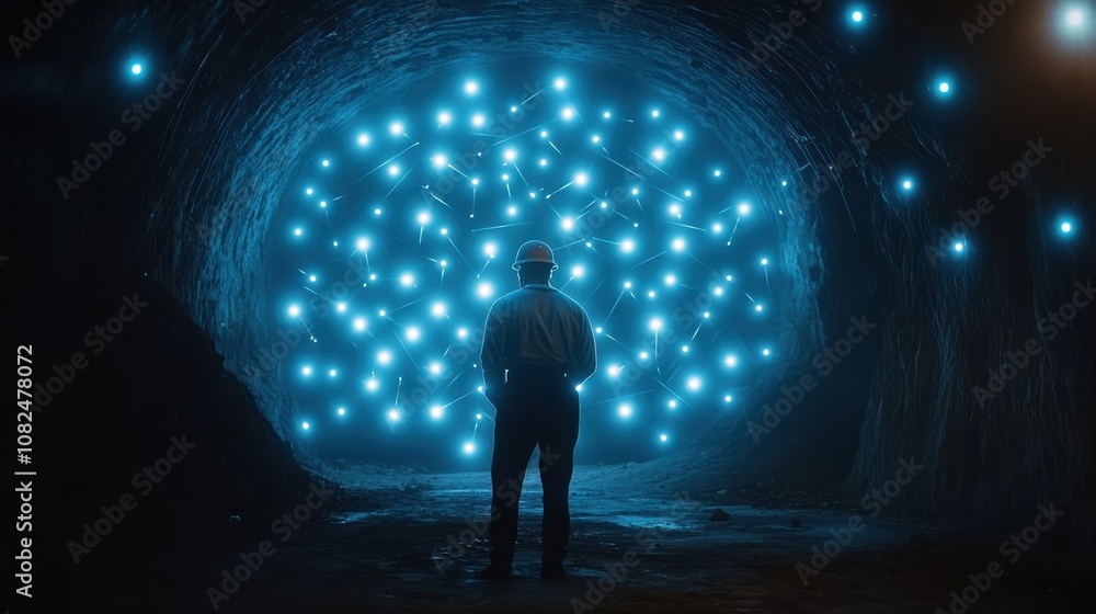 A lone miner, wearing a hard hat, stands in front of a dark tunnel entrance, where blue LED lights cast a mysterious glow, highlighting the treacherous path ahead A lone miner, wearing a hard hat, stands in front of a dark tunnel entrance, where blue LED lights cast a mysterious glow, highlighting the treacherous path ahead