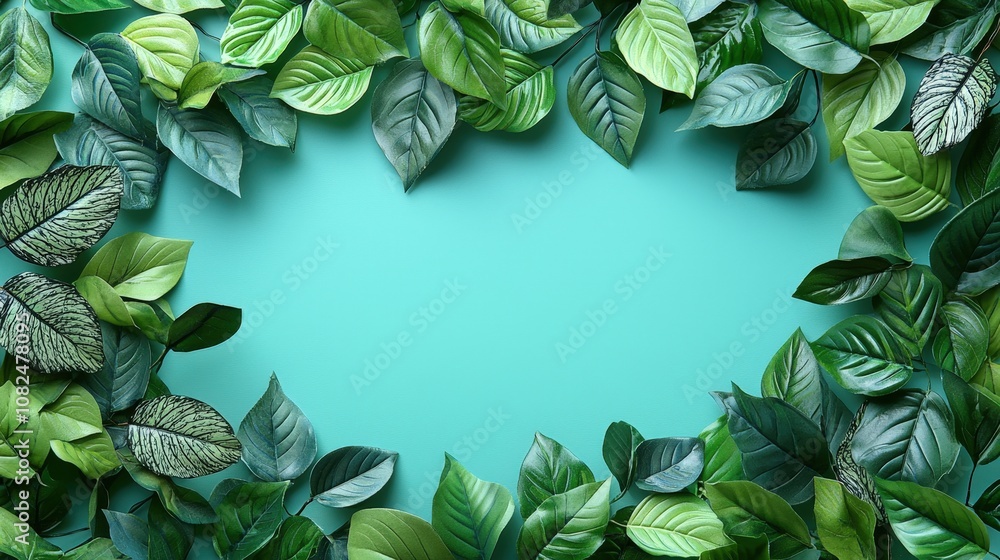 Fototapeta premium A vibrant frame of green leaves surrounds a tranquil teal background, creating a natural and refreshing aesthetic.