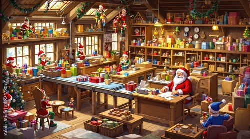 Santa Claus and cheerful elves busy preparing gifts in a festive North Pole workshop during the holiday season. Generative AI