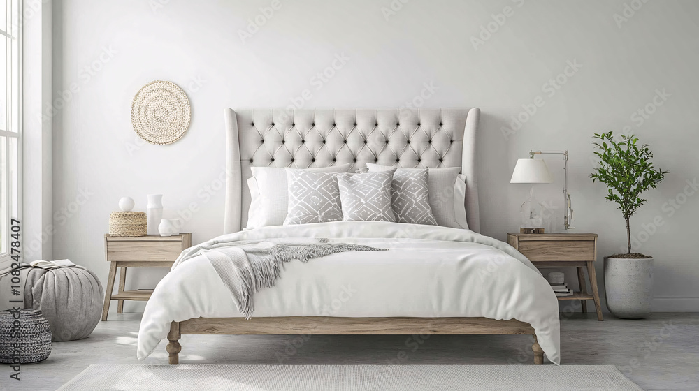 A stylish and contemporary bedroom featuring a plush white upholstered bed with a tufted headboard, luxurious and warm for your loved ones. A stylish and contemporary bedroom featuring a plush white upholstered bed with a tufted headboard, luxurious and warm for your loved ones.