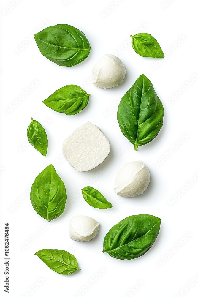 Obraz premium Fresh Basil Leaves and Soft Cheese Delicacies Arranged on a White Background for Culinary Presentation, Food Photography, and Gourmet Cooking
