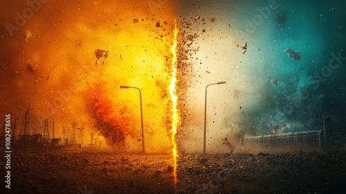 A visually striking scene depicting a contrasting split of fiery orange and cool blue elements, symbolizing chaos versus calm in a dynamic atmosphere.