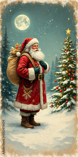 Vintage Painted Christmas Post Card with Happy Traditional Santa Claus Holding Bag of Gifts, XMAS Greeting