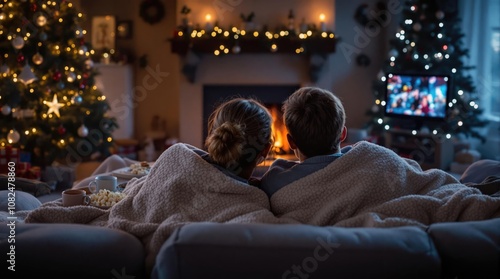 Cozy evening by the fireplace with Christmas trees and a movie in a warmly decorated living room. Generative AI