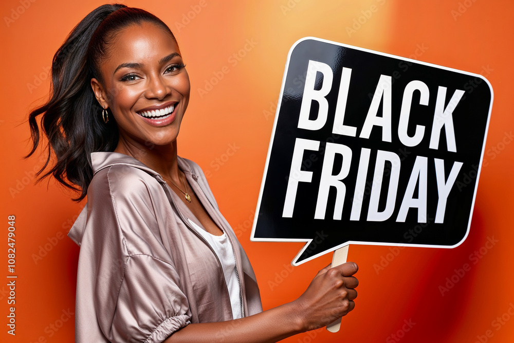 Black Friday Happiness: Black Woman with Sign Promotes Big Savings Black Friday Happiness: Black Woman with Sign Promotes Big Savings